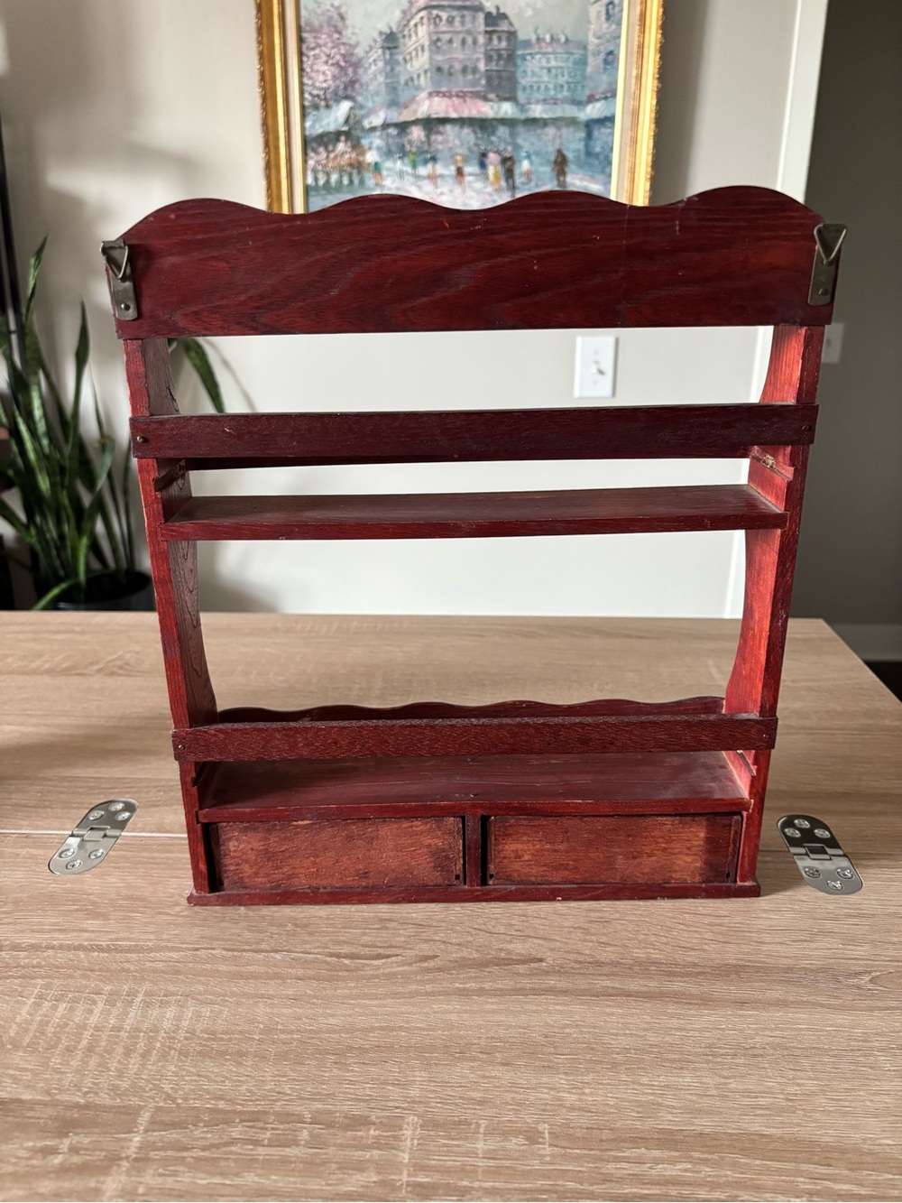 Vintage Handmade Red Solid Wood Spice Rack Shelf with Drawers - Picture 4 of 7